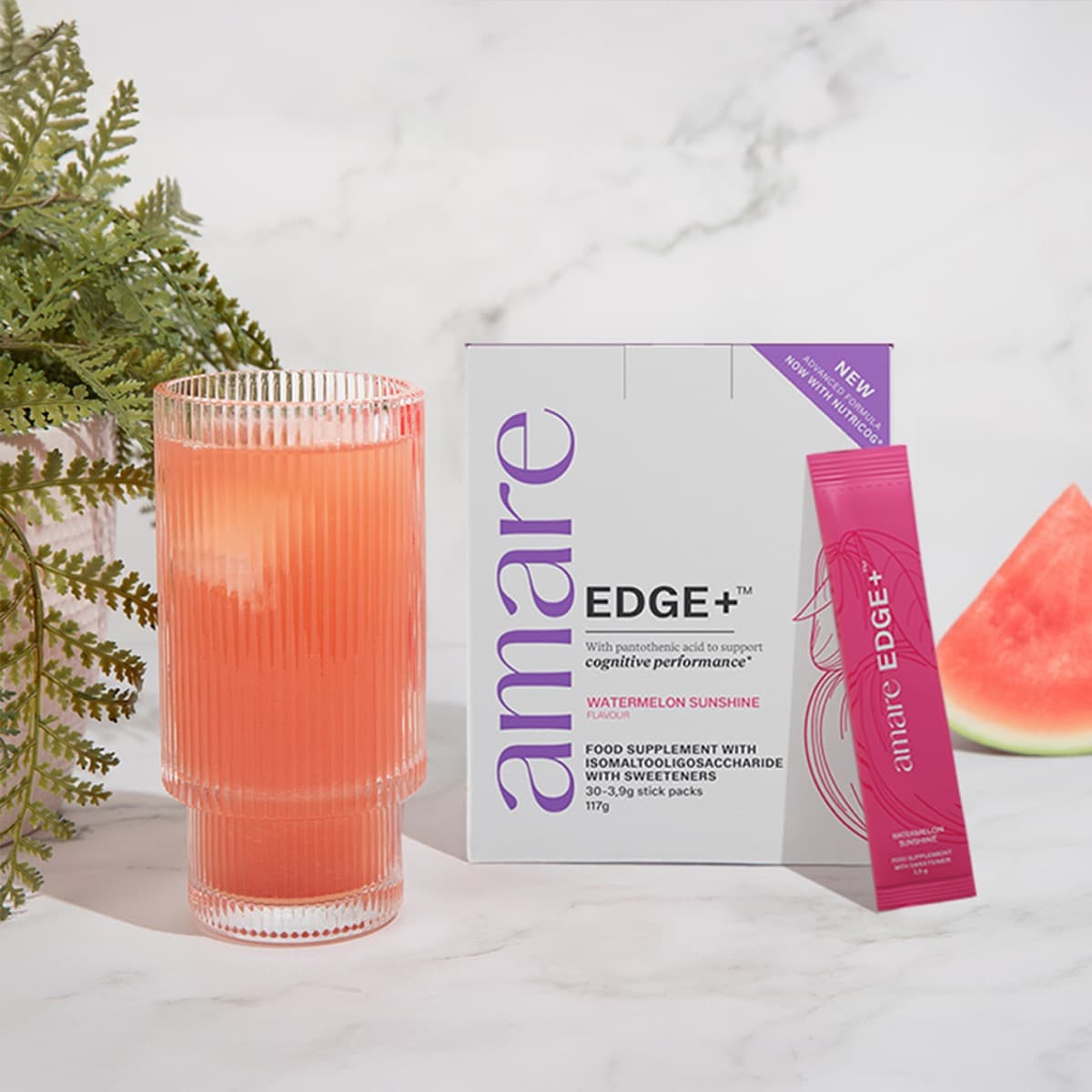 Amare EDGE+ Watermelon cafeïnevrij nootropicum — met watermeloen